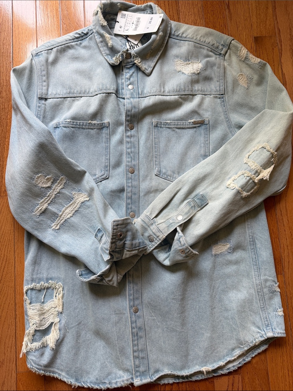 Zara Light Blue Relaxed-Fit Distressed Denim Jacket